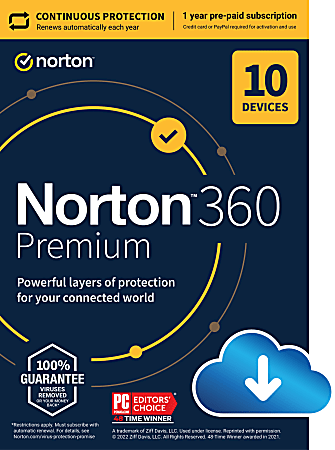 Norton™ 360 Premium, For 10 Devices, 1 Year Subscription, Windows®, Download
