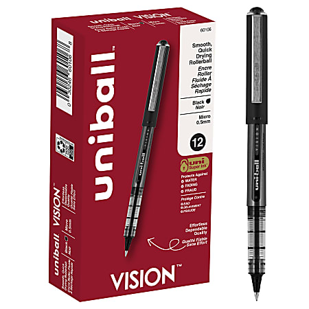 uni-ball® Vision™ Rollerball Pens, Micro Point, 0.5 mm, Black Barrel, Black Ink, Pack Of 12