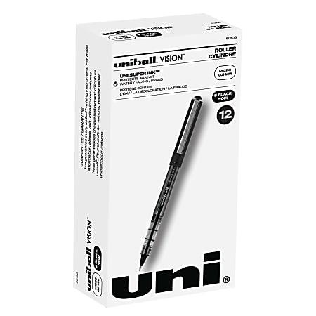uni-ball® Vision™ Rollerball Pens, Micro Point, 0.5 mm, Black Barrel, Black Ink, Pack Of 12