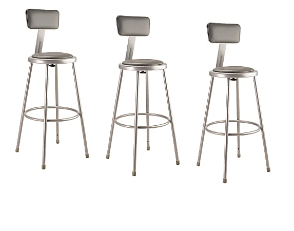 National Public Seating Vinyl-Padded Stools With Backs, 30"H, Gray, Set Of 3
