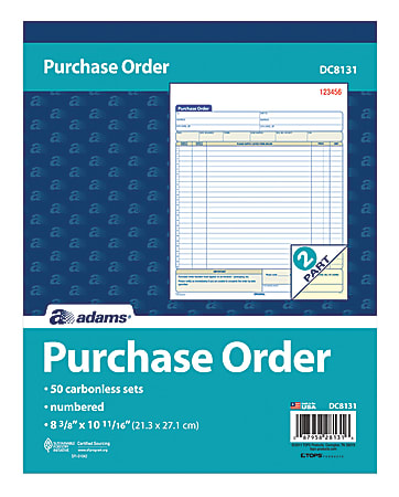 Adams Carbonless Purchase Order Book 8 38 x 10 1116 2 Part 50 Set Pad ...
