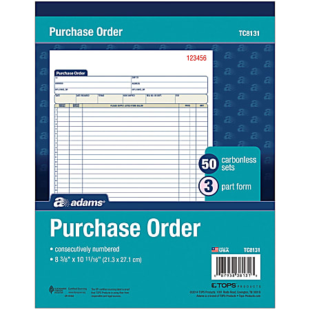 Adams Carbonless Purchase Order Book 8 38 x 10 1116 3 Part 50 Set Pad ...