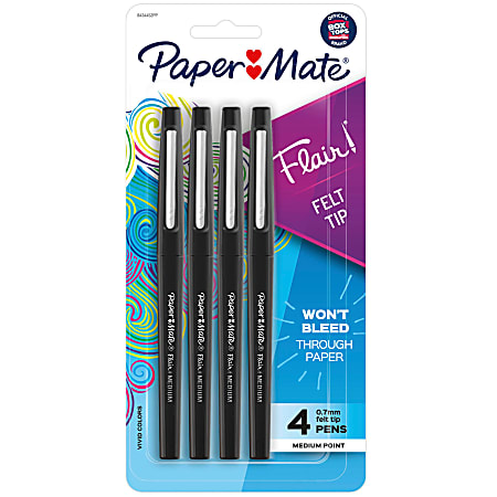 Paper Mate® Flair® Porous-Point Pens, Medium Point, 0.7 mm, Black Barrel, Black Ink, Pack Of 4