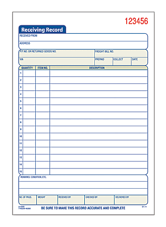 Adams® Carbonless 2-Part Receiving Record Book, 5 9/16" x 8 7/16", Book Of 50 Sets