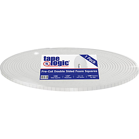 Tape Logic® Double-Sided Foam Squares, 31.25 mils, 3" Core, 0.5" x 0.5", White, Roll Of 1,296