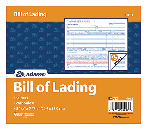 Adams® Bill Of Lading Forms, 8 1/2" x 7 7/16", 3-Part, Pack Of 50 Sets