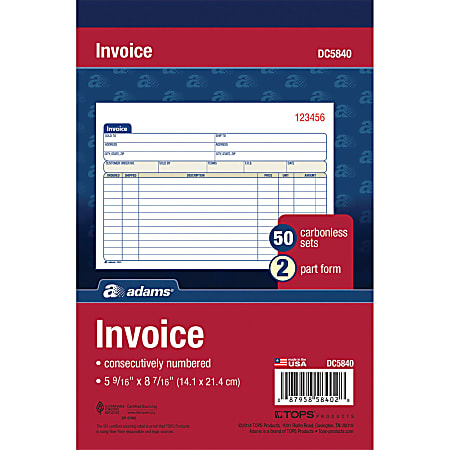 Adams Carbonless Invoice Books 2 Part 8 716 x 5 916 Pack Of 50 - Office ...
