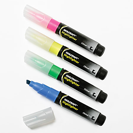 SKILCRAFT Highlighters - Chisel Marker Point Style - Fluorescent Yellow, Fluorescent Pink, Fluorescent Blue, Fluorescent Green - 4 / Set