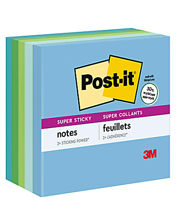 Post-it® Recycled Super Sticky Notes, 3 in x 3 in, 5 Pads, 90 Sheets/Pad, 2x the Sticking Power, Oasis Collection, 30% Recycled