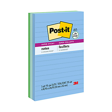 Post-it® Super Sticky Notes, Recycled, 4" x 6", Bora Bora, Lined, Pack Of 3 Pads