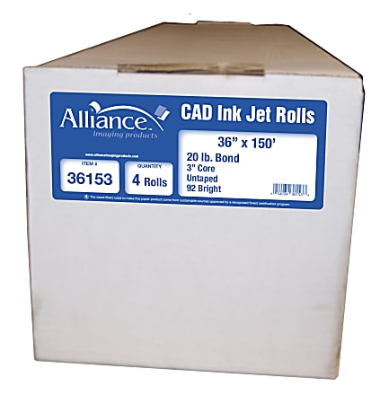 Alliance CAD Bond Paper 3 Core 36 x 150 92 Brightness 20 Lb White Pack Of 4  Rolls - Office Depot