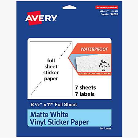 Avery® Printable Vinyl Sticker Paper, 94269-WMVL7, Rectangle, 8-1/2"x11", Matte White, Pack Of 7