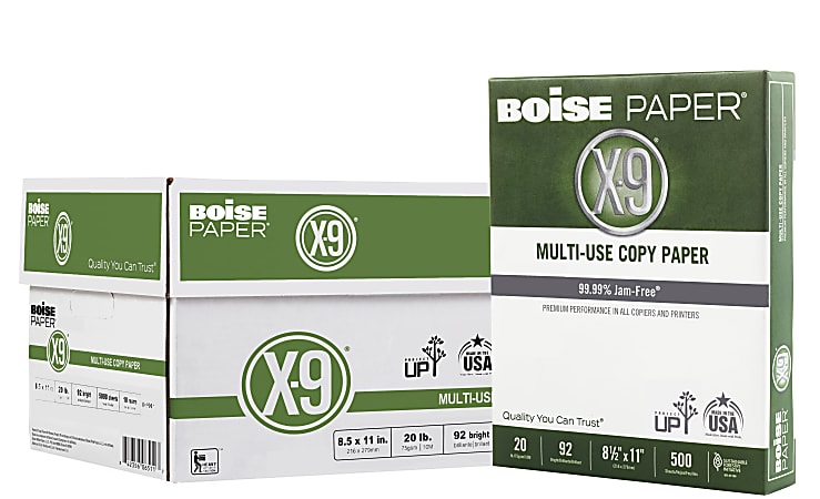 Boise® X-9® Multi-Use Printer & Copy Paper, 10 Reams, White, Letter (8.5" x 11"), 5000 Sheets Per Case, 20 Lb, 92 Brightness