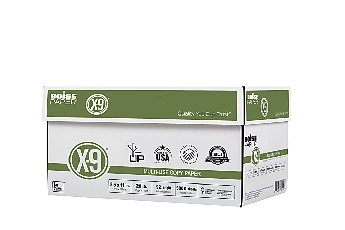 Boise X-9 Copy Paper, 92 Brightness, 20 lb, 8-1/2 inch x11 inch, White, 2500 Sheets/Carton