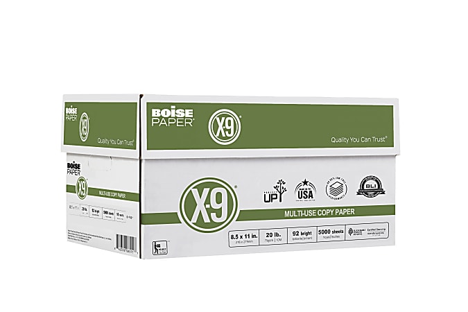 Boise X-9 Copy Paper, 92 Brightness, 20 lb, 8-1/2 inch x11 inch, White, 2500 Sheets/Carton