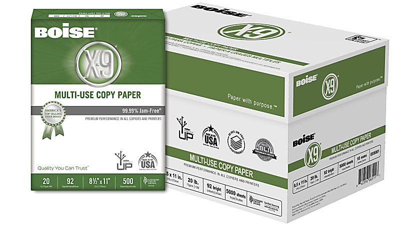 Boise X-9 Multi-Use Printer & Copier Paper, Letter Size (8 1/2 x 11),  5000 Total Sheets, 92 (U.S.) Brightness, 20 Lb, White, 500 Sheets Per Ream,  Case Of 10 Reams