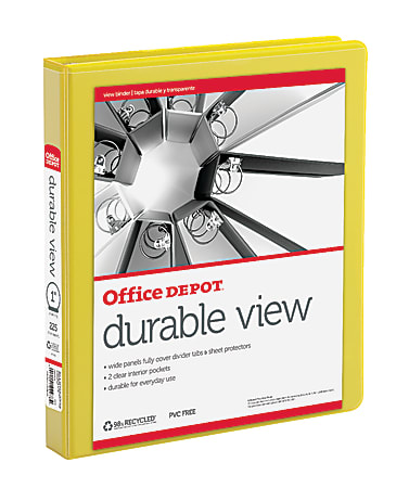 Office Depot® Brand Durable Non-Locking View 3-Ring Binder, 1" Round Rings, Yellow