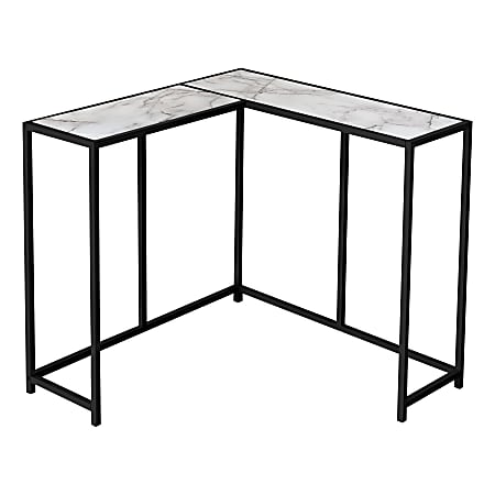 Monarch Specialties Jan L-Shaped Metal Console Table, 32”H x 36”W x 36”D, White Marble/Black