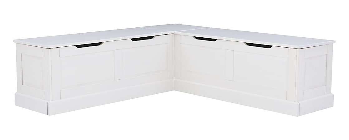 Linon Manning Corner Storage Nook Bench, 18-1/5”H x 62-2/5”W x 16-1/2”D, White, Navy Cushions