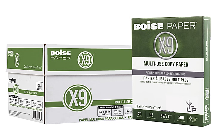 Boise® X-9® 3-Hole Punched Multi-Use Printer & Copier Paper, Letter Size (8 1/2" x 11"), 5000 Total Sheets, 92 (U.S.) Brightness, 20 Lb, White, 500 Sheets Per Ream, Case Of 10 Reams