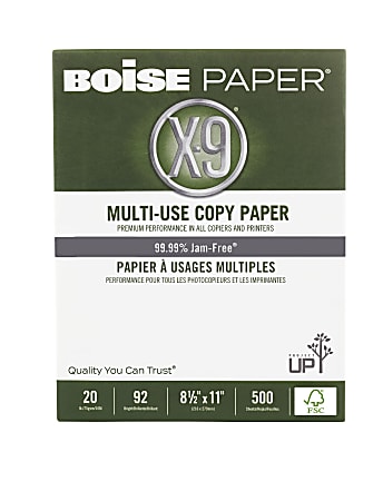 Boise® X-9® Multi-Use Printer & Copy Paper, 10 Reams, White, Letter (8.5" x 11"), 5000 Sheets Per Case, FSC® Certified, 20 Lb, 92 Brightness