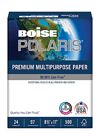 Boise® POLARIS® Premium Multi-Use Printer & Copy Paper, White, Letter (8.5" x 11"), 500 Sheets Per Ream, 24 Lb, 97 Brightness, FSC® Certified