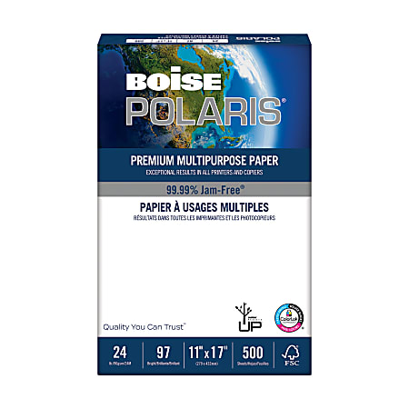 Boise® POLARIS® Premium Multi-Use Printer & Copy Paper, 1 Ream, White, Ledger (11" x 17"), 500 Sheets Per Ream, 24 Lb, 92 Brightness, FSC® Certified