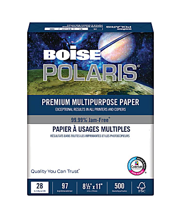 Boise® POLARIS® Premium Multi-Use Printer & Copy Paper, White, Letter (8.5" x 11"), 500 Sheets Per Ream, 28 Lb, 92 Brightness, FSC® Certified