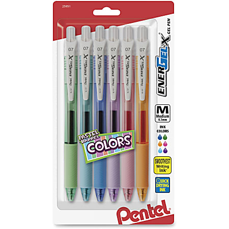 Pentel® EnerGel-X Pastel Barrel Retractable Gel Pens, Medium Point, 0.7 mm, Tinted Barrel, Assorted Ink, Pack Of 6 Pens