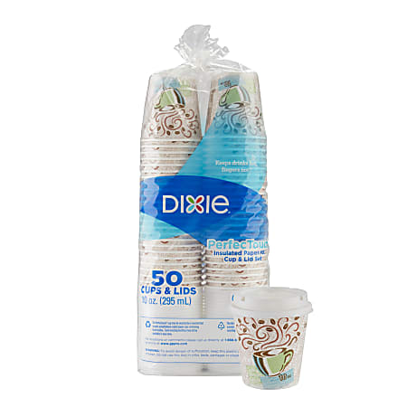 Dixie&reg; PerfecTouch&reg; Insulated Paper Hot Cup &amp; Lid Set, 10 oz, Coffee Haze Design, Pack of 50 Cups and Lids