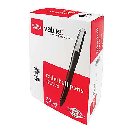 Office Depot Value™ Rollerball Pens, 0.5 mm, Extra Fine Point, Black Barrel, Black Ink, Pack Of 36