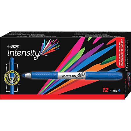 BIC® Mark-It Fine Point Permanent Markers, Fine Point, Silver Barrel, Blue Ink, Pack Of 12