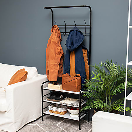 Mind Reader 4 Hook Metal Coat And Shoe Rack Shelving Organizer 65 H x 24 W x 12 D Black