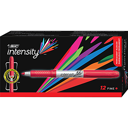 BIC Mark-it Fine-Point Permanent Markers, Red Ink, Silver Barrel, Pack Of 12