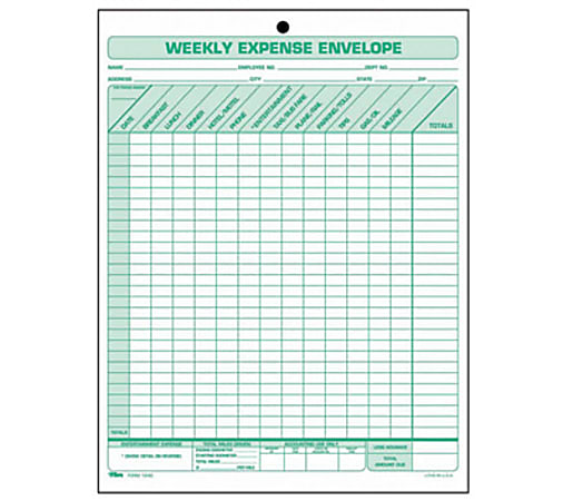 TOPS Weekly Expense Envelopes - Double Sided Sheet - 11" x 8 1/2" Sheet Size - 1 x Holes - White Sheet(s) - Green Print Color - 20 / Pack