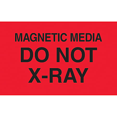 Preprinted Special Handling Labels, DL2461, "Magnetic Media Do Not X-Ray", 5" x 3", Fluorescent Red, Roll Of 500