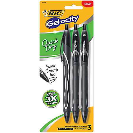 BIC® Gel-ocity Quick-Dry Retractable Gel Pens, Medium Point, 0.7 mm, Black/Black, Pack Of 3