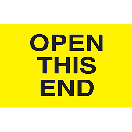 Preprinted Special Handling Labels, DL2761, "Open This End", 5" x 3", Bright Yellow, Roll Of 500