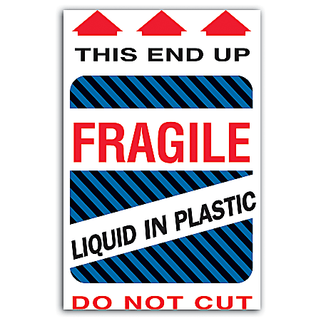 Tape Logic® Preprinted Shipping Labels, DL1580, "This End Up Liquid In Plastic Fragile", 4" x 6", Red/White, Roll Of 500