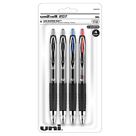 uni-ball® 207™ Retractable Fraud Prevention Gel Pens, Medium Point, 0.7 mm, Black Barrels, Assorted Ink Colors, Pack Of 4 Pens