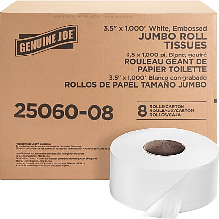Genuine Joe 2-Ply Embossed Jumbo Roll Toilet Paper, 1000 Sheets Per Roll, Pack Of 8 Rolls