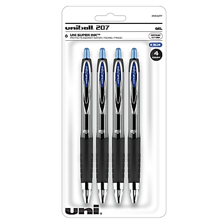 uni-ball® Gel 207™ Retractable Gel Pens, Medium Point, 0.7 mm, Clear Barrel, Blue Ink, Pack Of 4