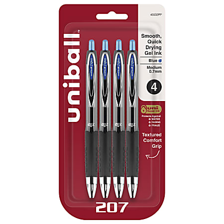 uni ball Gel 207 Retractable Gel Pens Medium Point 0.7 mm Clear Barrel Blue Ink Pack Of 4