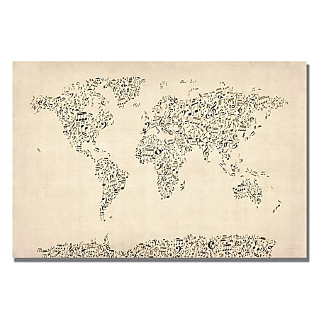 Trademark Global Music Note World Map Gallery-Wrapped Canvas Print By Michael Tompsett, 22"H x 32"W