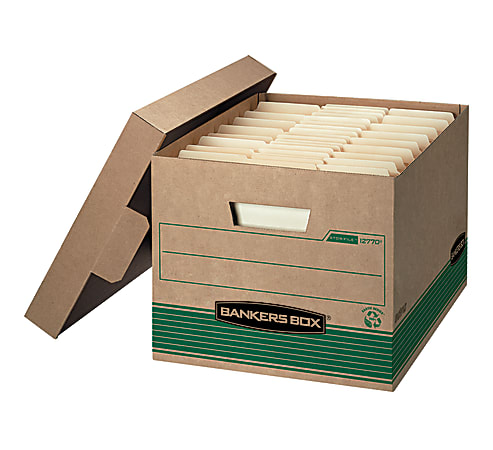 Bankers Box® Stor/File™ Medium-Duty Storage Boxes With Locking Lift-Off Lids And Built-In Handles, Letter/Legal Size, 15" x 12" x 10", 100% Recycled, Kraft/Green, Case Of 12
