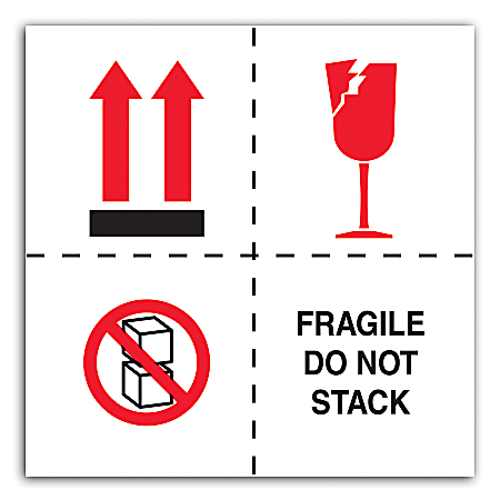 Tape Logic® Preprinted International Safe-Handling Labels, DL4501, "Fragile, Do Not Stack", 4" x 4", Red/Black/White, Roll Of 500
