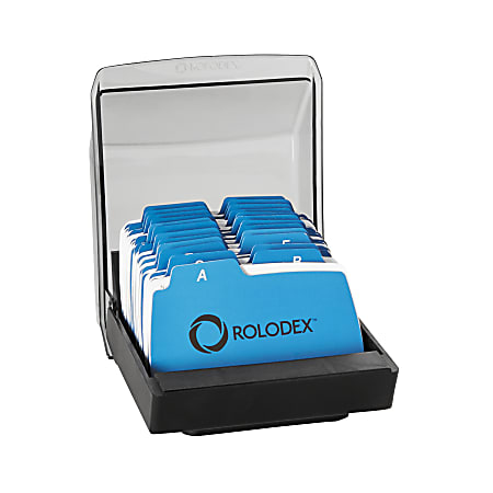 Rolodex® Covered Petite® File, 250-Card Capacity, 9 Guides, 4 3/5" x 5 2/3" x 2 27/32", Black With Smoke Cover