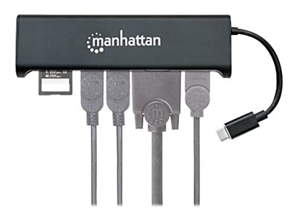 Manhattan SuperSpeed USB-C to HDMI/VGA 4-in-1 Docking Converter - USB 3.1 C Male to HDMI or VGA Converter - Two-Port USB 3.0 Hub and SD Card Reader - Aluminum - Black - UHD 4K@30Hz Video and Audio with HDMI Connection or HD 1080p Video