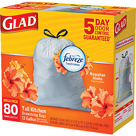 Glad® Tall Kitchen OdorShield Trash Bags With Febreze® Freshness, 13 Gallons, Hawaiian Aloha Scent, White, Pack Of 80 Trash Bags