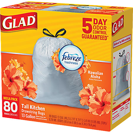 Glad Tall Kitchen 5 Day OdorShield Trash Bags With Febreze Freshness 13  Gallons Mediterranean Lavender Scent White Pack Of 80 - Office Depot